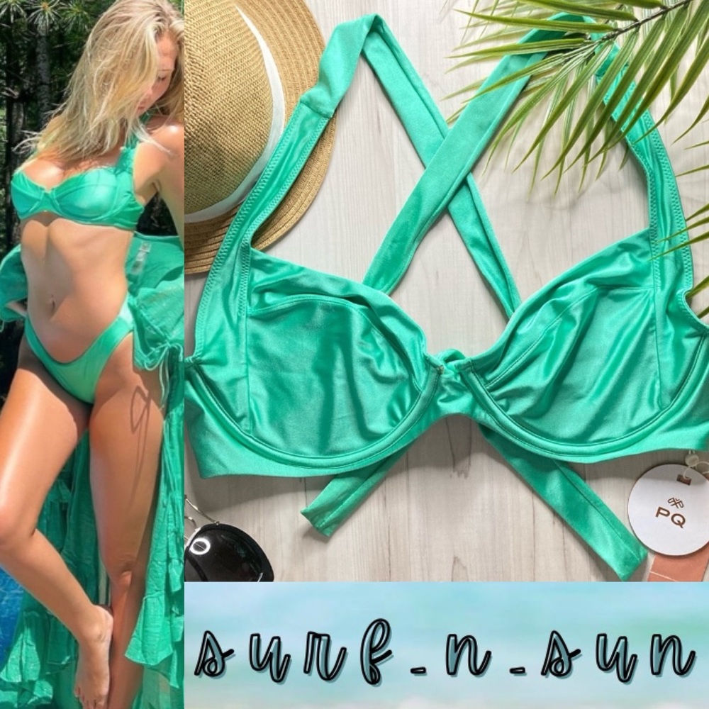 PQ Swim 🏝 Turquoise Tropical Underwire Ribbon Tie-Back Flattering Bikini Top 👙